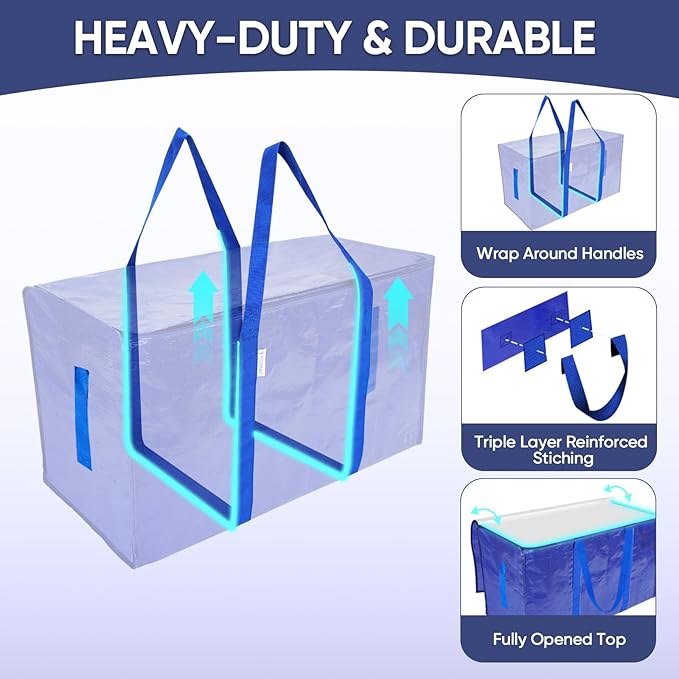 TICONN 12 Pack Extra Large Moving Bags Heavy Duty with Zippers & Carrying Handles, Durable Storage Bags Moving Boxes for Closet Organizers and Storage (12 Pack, Navy) - Image 5