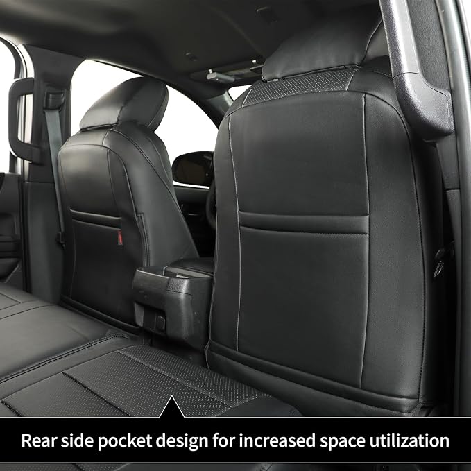 Custom Seat Covers for 2019-2026 Ram 2500/3500 CrewCab Bighorn,Faux Leather | Full Set Heavy Duty Pickup Seat Cushion,Front w/No Headrest Cutout,Rear 40/60 Split Curved Bench Seat,Black/Grey - Image 7