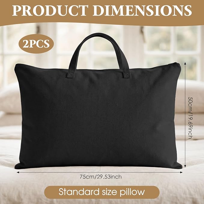 2 Pack Travel Pillow and Blanket Bags, 100% Cotton Canvas Pillow Storage Bag with Handles, Heavy Duty Breathable Organizer for Bedding Linens, Pillow Bag for Traveling(2,Black,20"x30") - Image 2