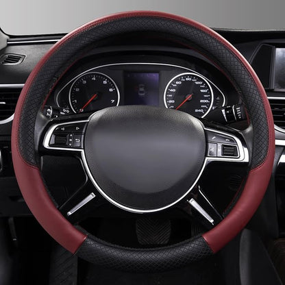CAR PASS Rhombus Leather Universal Steering Wheel Cover, Fit for Suvs,Trucks,Cars,Sedans,Vans (Black&Burgundy) - Image 2