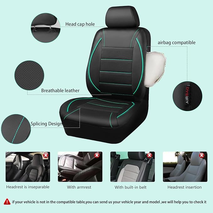 CAR PASS Universal FIT Piping Leather Car Seat Cover, for suvs,Van,Trucks,Airbag Compatible,Inside Zipper Design and Reserved Opening Holes (Full Set, Black and Mint) - Image 3