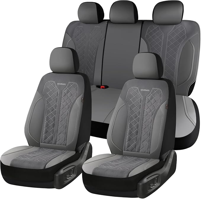 Coverado Automotive Seat Covers Full Set, Luxury Car Seat Covers, Gray Seat Covers, Mesh Design, Driver Seat Protectors, Universal Fit for SUVs, Trucks, Sedans by COVERADOAUTO