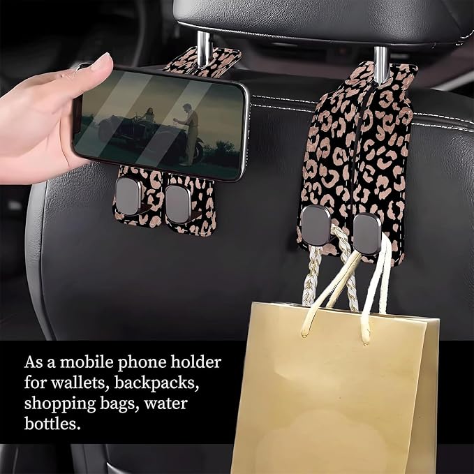 Car Seat Headrest Hook, Universal Leather Cute Hanger Holder Hook, Storage Organizer Interior Accessories for Purse Bags Handbag Glitter Black Leopard - Image 2