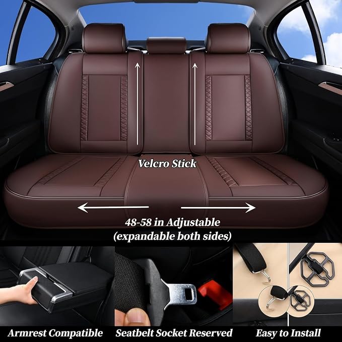 Coverado Car Seat Covers Full Set, Leather Seat Coversfor Cars, Front and Back Seat Covers, Waterproof Car Seat Protectors Car Seat Cushions Universal for Most Vehicles, Coffee - Image 4