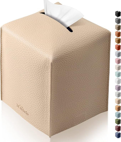 Tissue Box Cover, Tclouda, Modern PU Leather Square Tissue Box Holder for Creative Decorative, Ideal for Bathrooms/Office/Car/Nightstand/Outdoor Tent/Dining Table, 5"X5"X5", Single Beige by Tclouda