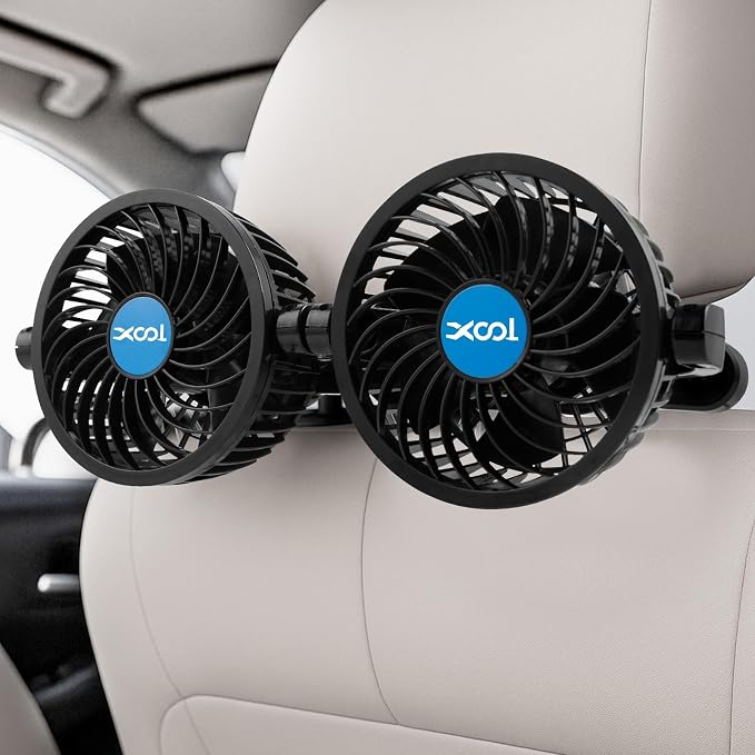 XOOL USB Dual Head Backseat Car Fan – 360° Rotatable Rear Seat Air Circulator with Stepless Speed & Adjustable Clip for Kids in SUV, Truck, RV by XOOL
