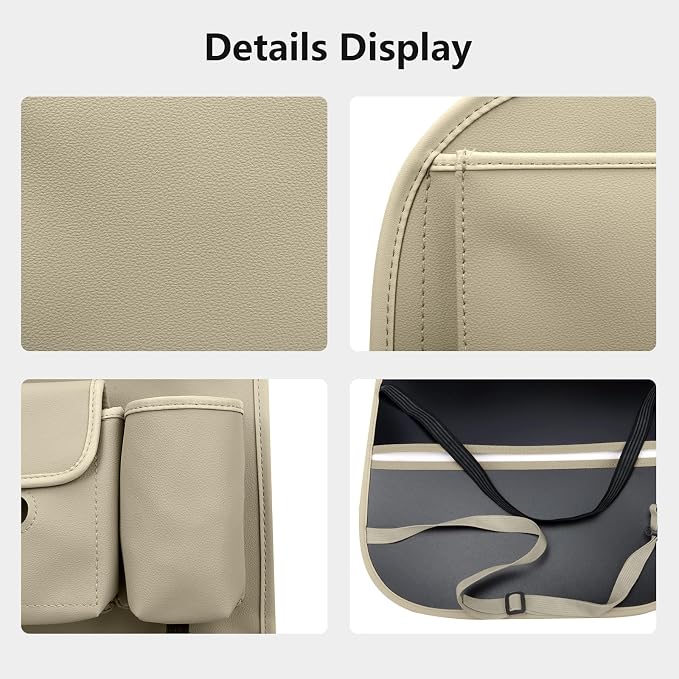 Viaviat Car Seat Organizers Waterproof Backseat Protector with Storage Pocket Large Leather Kick Mats for Kids Pets Automobile SUV Truck (Beige, Large Pocket) - Image 8