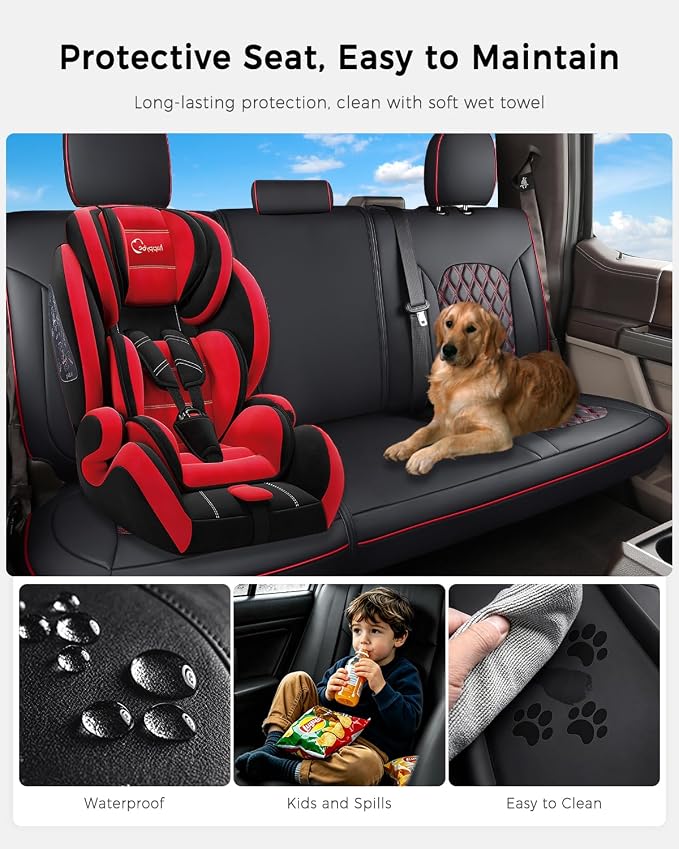 Huidasource Tacoma Back Row Seat Covers, Split Rear Bench Leather Seat Cover Fit for 3rd Gen Toyota Tacoma 2016-2023 Double & Crew Cab SR SR5 Limited TRD Sport/Pro/Off Road (Back Row/Black&Red) - Image 2