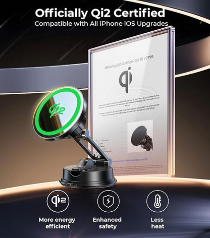 Certified Qi2 Car Phone Mount Charger for MagSafe, 360° Adjustable & Folding Arm, Universal Dashboard Windshield Mirror Screen Magnetic Holder for Tesla Model 3/Y Accessories & iPhone 17/16/15 Pro Max - Image 2
