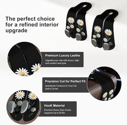 CoBak Purse Hook for Car - Universal Premium Stitched Leather and Aluminum-Magnesium Alloy Double Car Seat Back Storage Hook for Purses, Handbags, Bags (2 Pack),Daisy - Image 2