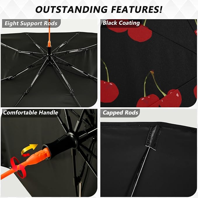 Red Cherry Windshield Sun Shade Umbrella Black Foldable Car Front Window Sunshade Blocks UV Rays Heat Keep Vehicle Cool (55" x 27.5") - Image 2