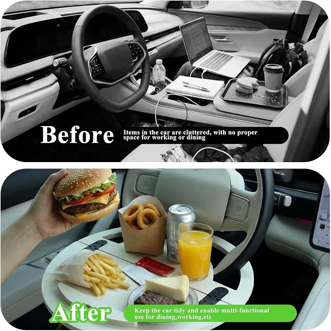 Outus 2 in 1 Car Steering Wheel Tray Steering Wheel Desk for Laptop Wooden Car Table Foldable for Eating Food Writing Work Multipurpose Travel Cars Accessories - Image 3