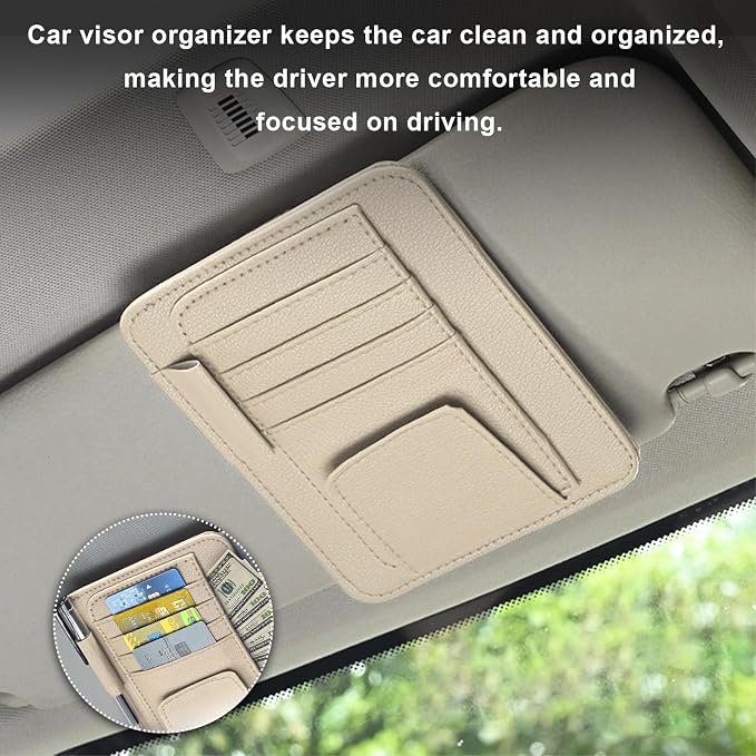 Dickno Small Leather Car Sun Visor Organizer, Multifunctional Auto Visor Document Holder with Sunglasses Clip, Universal Car Interior Organizer for Drving License, Card, Pen (Beige) - Image 4