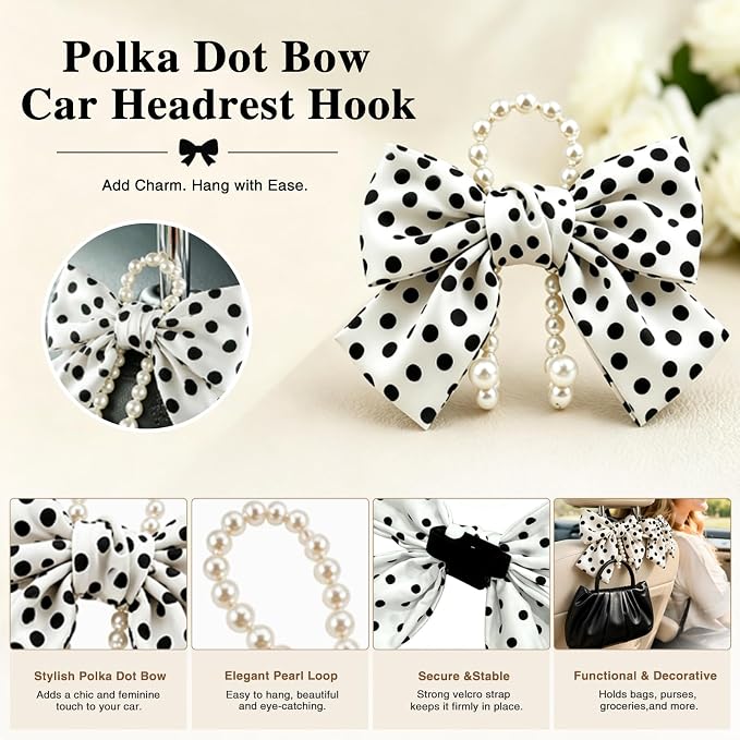2 Pack Pearl Car Seat Headrest Hook with Bow & Sequin/Leopard/Polka Dot Design – Cute Purse Hanger for Vehicle,Grocery Bags, Umbrellas, Seat Back Organizer for Women (White Polka Dot) - Image 5