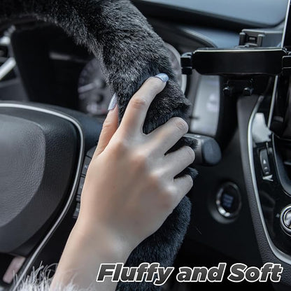 SEG Direct Furry Steering Wheel Cover, Fluffy Fuzzy Gear Shift Cover Black | Gear Shift Cover, 2 PCS Set, Soft and Warm, Cute Fur Auto Car Decor, Standard Size 14.5- 15 inch for Women Men - Image 3