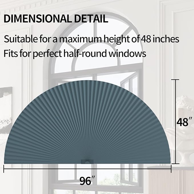 Myshade Arch Window Shades Half Circle Blackout Cellular Shades Cordless No Drill Blinds for Windows Half Moon Honeycomb Fabric No Tools Room Darkening Shades Easy Install (1PCS Blue 48" W X 96" H) - Image 3