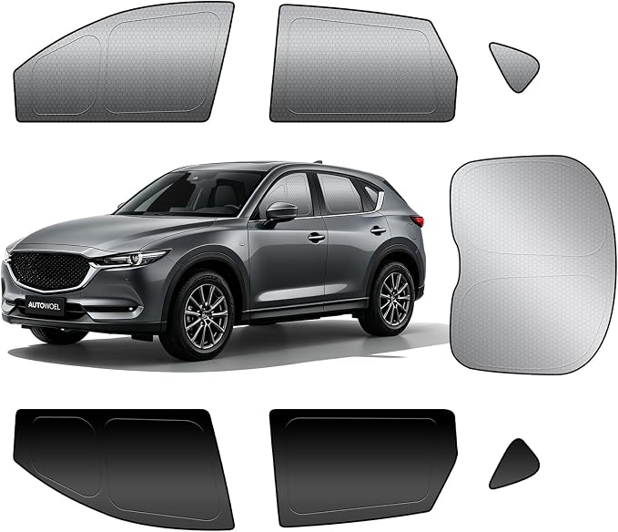 Custom Fit Mazda CX-5 Side Window Sun Shade 2017-2022, Rear Blackout 7PCS | Graphene honeycomb heat blocking fabric, embedded no-suction setup, no magnets, blackout privacy, folds for compact SUV trips by AUTOWOEL