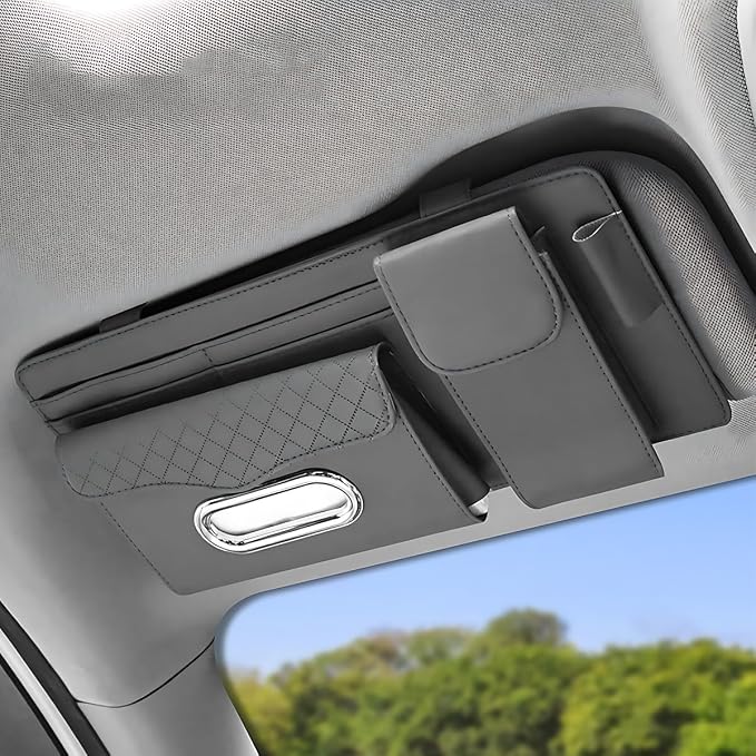 ZIMISI Leather Car Visor Organizer, Sun Visor Storage Bag, Car Tissue Holder, Multi-Pocket Document Holder, Vehicle Travel Accessories for Pen, License, Cards, Sunglasses, Tissues (Grey) by Unknown