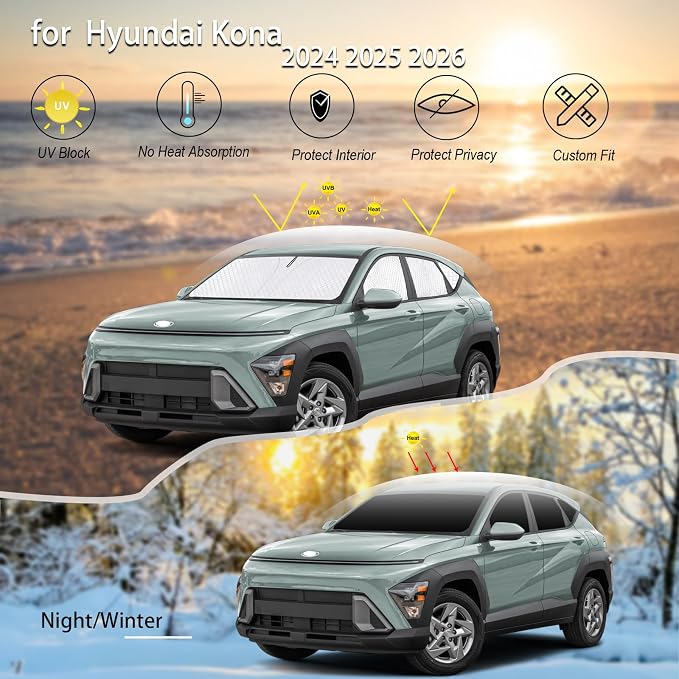 KMF 8pcs Thicken Sun Shade for Hyundai Kona 2024 2025 2026 Accessories,Full Car Window Covers Sunshade for Windshield Side Rear, Sun Visor UV Block and Blackout Privacy for Camping Outdoor - Image 5