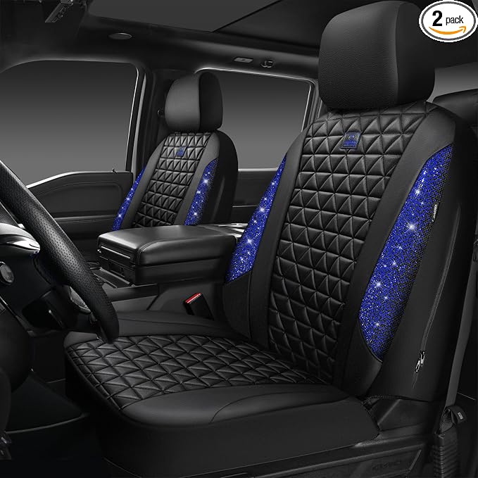 CAR PASS Bling Diamond Black Leather Car Seat Covers for 2 Front Interior Sets, Waterproof Shining Glitter Sparkly Crystal Universal Armrest Fit Automotive Truck SUV Cute Women Girl, Blue Rhinestone by CARPASS
