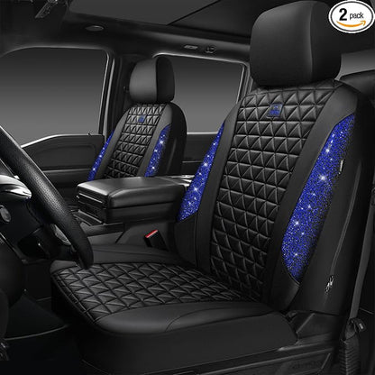 CAR PASS Bling Diamond Black Leather Car Seat Covers for 2 Front Interior Sets, Waterproof Shining Glitter Sparkly Crystal Universal Armrest Fit Automotive Truck SUV Cute Women Girl, Blue Rhinestone by CARPASS