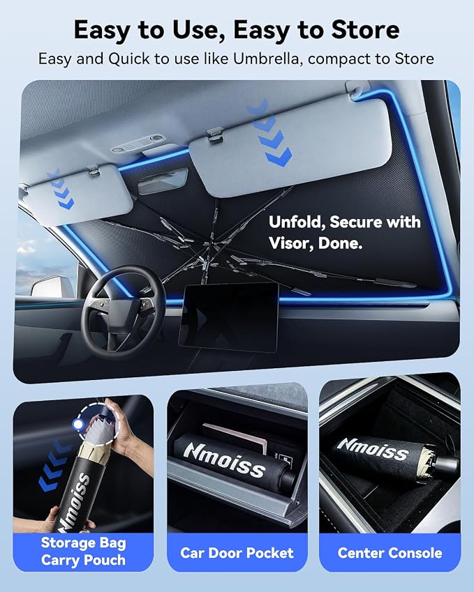 Nmoiss Windshield Sun Shade Umbrella for Civic - [Vinyl Coating Heat Shield] Protect Car from Sun Rays & Heat Damage Keep Cool and Protect Interior, Spring Structure Edge - Image 6