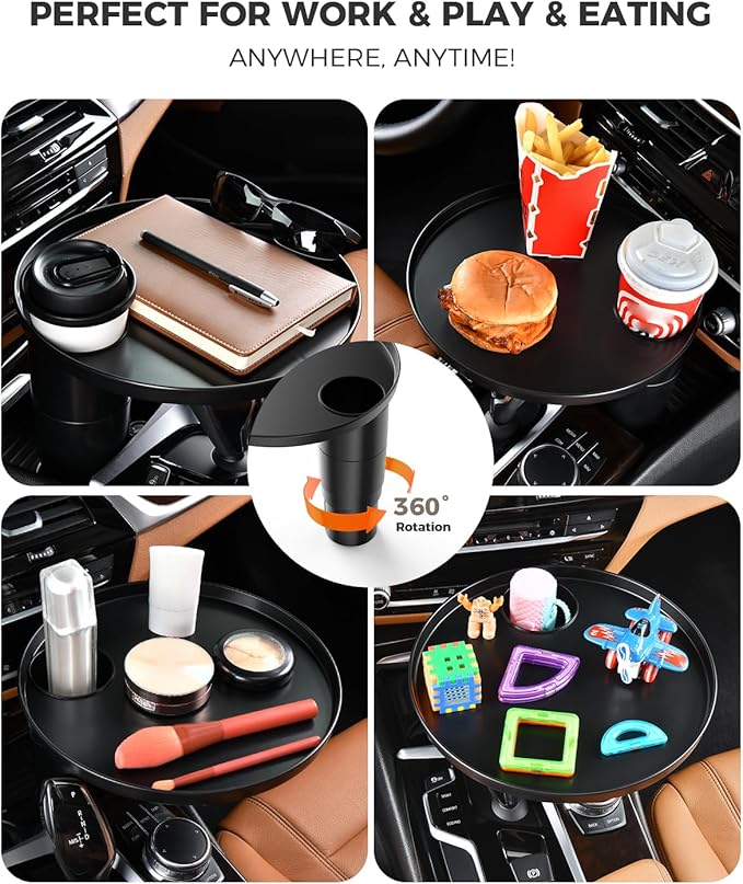 Car Tray and Cup Holders, 360° Rotating Car Desk for Laptop, Upgraded Steering Wheel Tray, Car Food Tray Table for Eating, Automatic Center Console Cup Holder Universal Fit - Image 4