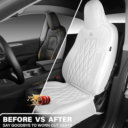 CAR PASS Nappa Leather High Back Front Seat Covers, Tesla Model 3 Model Y Breathable Faux Leather Front Bucket Seat Covers, Anti-Slip Airbag Compatible Universal Fit for Sedan SUV Van Truck, White - Image 5