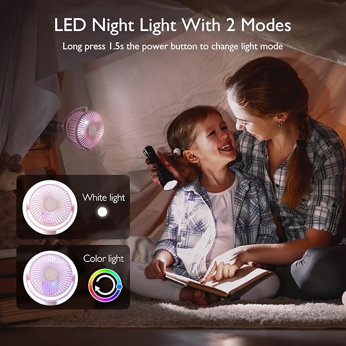 Momcozy 8000mAh Portable Stroller Fan, 27H Ultra-long Battery Life | Detachable 4 Speed 360°Rotate LED Night Light with 2 Modes, USB Rechargeable Handheld Cooling Fan for Travel/Car Seat/Bedroom - Image 6