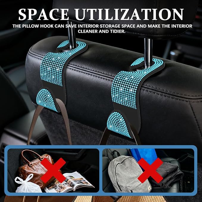 4PCS Bling Car Seat Headrest Hooks, Purse Holder for Car, Vehicle Back Seat Purse Handbag Hanging Holder with Crystal Rhinestone, Diamond Car Rear Seat Organizer for Vehicles (Lake Blue/Black) - Image 5