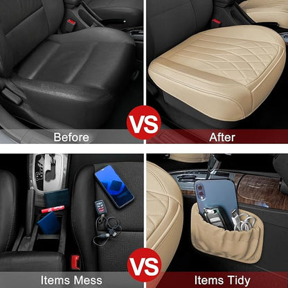 BEITK 2 Pack Beige Leather Front Bottom Car Seat Covers | PU leather,Waterproof, Full Wrap, non-slip, with Storage Pocket, Universal Fit for Sedan Truck SUV, Easy to Install - Image 5