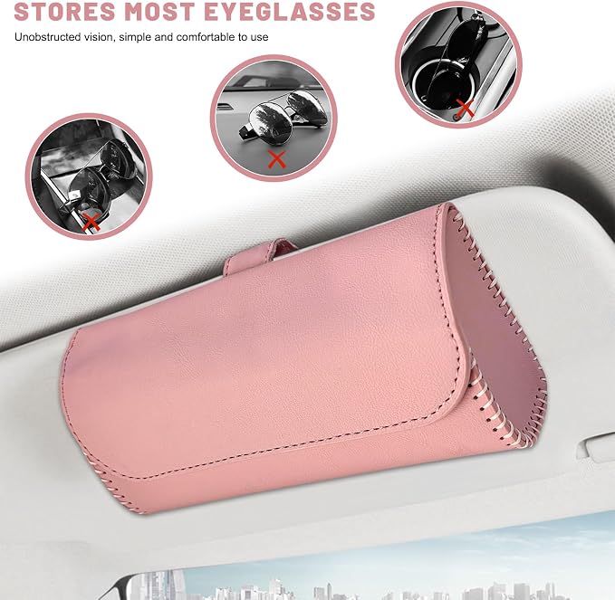 Sunglasses Holder for Car Visor, Auto Sunshade Eyeglasses Storage Case with Hidden Magnetic Closure, PU Leather Sunglass Protective Box for Most Vehicles Sun Visors (Pink) - Image 4