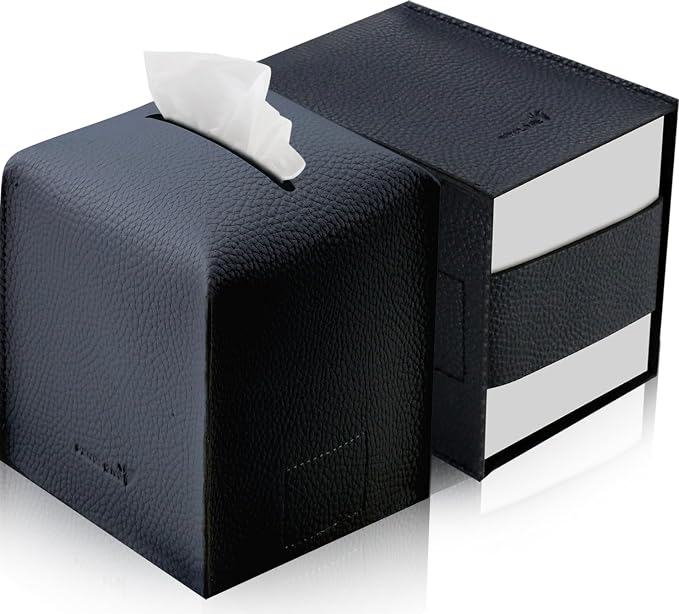 Tissue Box Cover 5X5X5'' PU Leather Tissue Holder Square Tissue Cube Box Organizer for Bathroom Vanity Countertop, Car, Night Stands, Office, Home, Kitchen (2Pack, Black) by PENGLONGHOMEDECORATION
