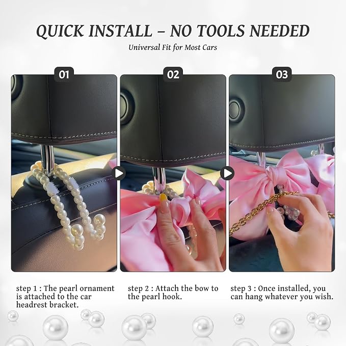 2 PCS Bow Pearl Car Seat Headrest Hook – Cute Purse Hook for Car, Girly Interior Decoration Accessories Hook Hanger, Seatback Holder for Purses & Bags, Elegant Car Organizer (White Polka Dot) - Image 6