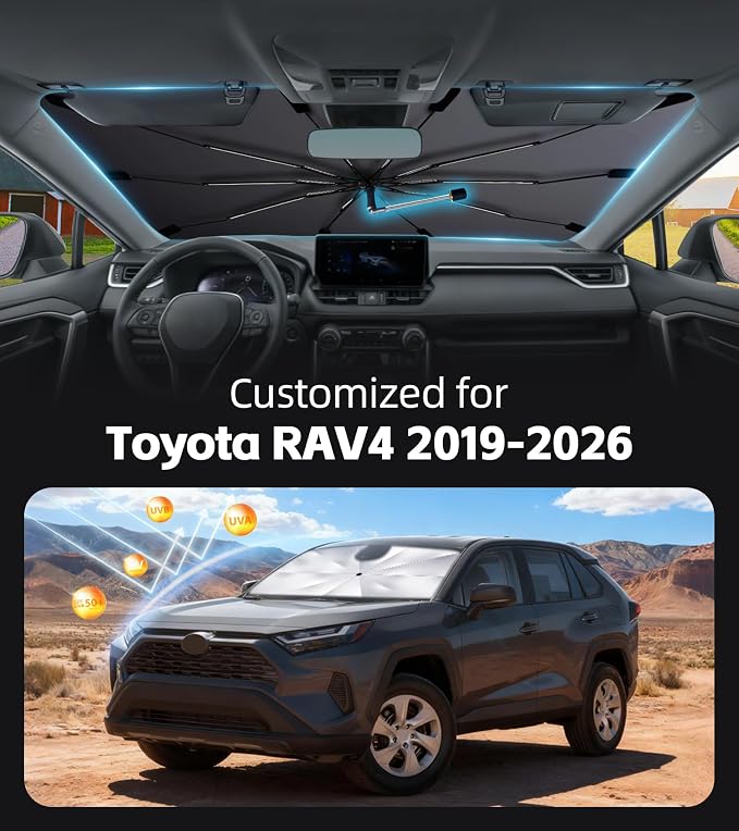Windshield Sun Shade for Toyota RAV4 2019-2026 with 360° Rotating Shaft | Custom Fit Umbrella Sunshade for UV Blocking, Interior Heat Protection, Easy Storage, UPF 50+ Cool Windshield Cover - Image 2