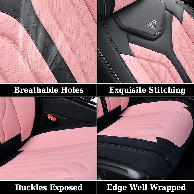 Coverado Front Seat Covers, Car Seat Covers Front Seats, Leather Seat Covers for Cars, Automotive Seat Covers Car Seat Protector Car Accessories Fit for Most Sedans SUV Pick-up Truck(Black&Pink) - Image 8