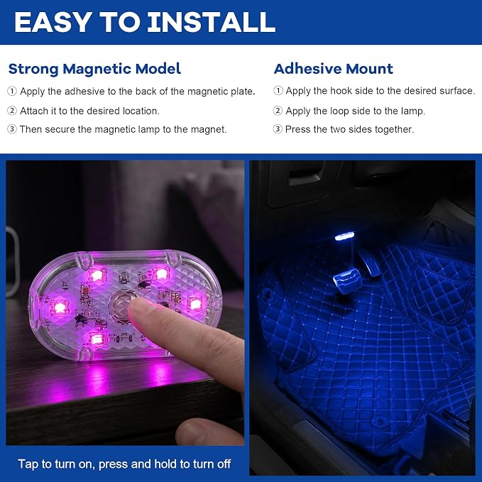 2 PCS Car LED Lights Interior Wireless, Sticky Vehicle Interior Ambient Light with 6 LED Lamp Beads, Portable Reading Light USB Rechargeable Decorative Lamp for Cars (Colorful) - Image 4