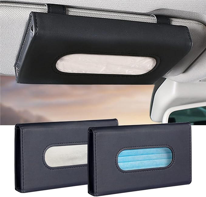 Car Tissue Holder, 2 Pack Sun Visor Napkin Holder, Premium PU Leather, Car Mask Holder for Sun Visor Vehicle, with Tissue Refill, Black&Beige - Image 6