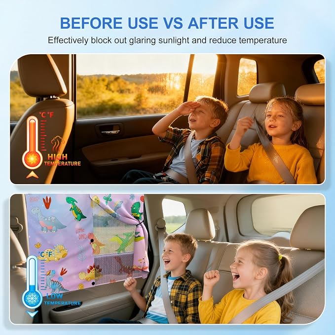 Car Window Shades, [Upgraded] 8 Strong Magnets Magnetic Side Window Sun Shade [2 Pack] - Dual Layer UV Ray Protection Car Sunshade for Baby, Kids & Pets.Dinosaur Cartoon - Image 6