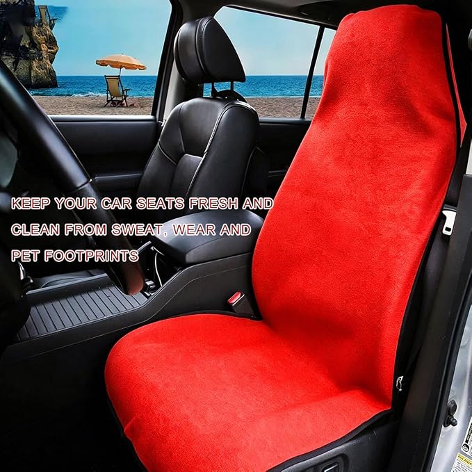 2PCS Car Towel Seat Cover, Waterproof Non-Slip Front Seat Protector for Post Gym Workout Beach Hiking, Sweatproof Washable Bucket Seat Protective Cover for Car SUV Truck Sedan (Red) - Image 4
