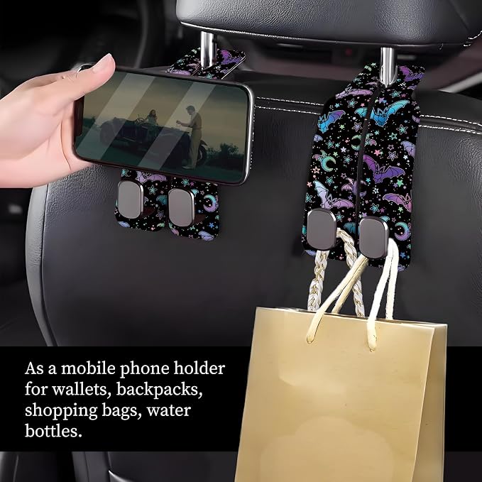 Car Seat Headrest Hook, Universal Leather Cute Hanger Holder Hook, Storage Organizer Interior Accessories for Purse Bags Handbag Purple Cute Bats - Image 2