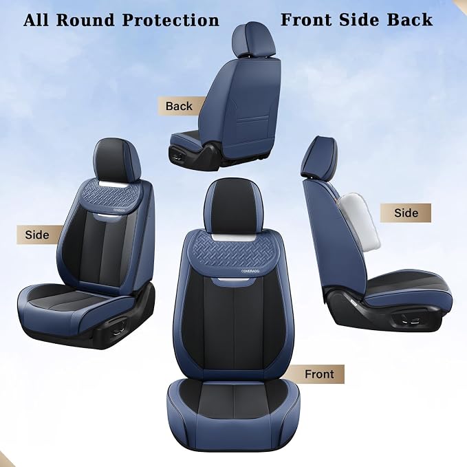 Coverado Front Seat Covers, Breathable Nappa Leather Car Seat Cover, Universal Seat Covers for Cars, Waterproof Car Seat Protector, Driver Seat Cover Fit for Most Cars(Blue&Black) - Image 9