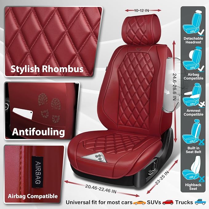 CAR PASS Burgundy Red Luxury Nappa Leather Seat Covers Front, 2 piece | 3D Rhombus Waterproof Leather Front Seat Covers, Universal Automotive Seat Cushion Fit for Sedan SUV Truck, Airbag Compatible - Image 3