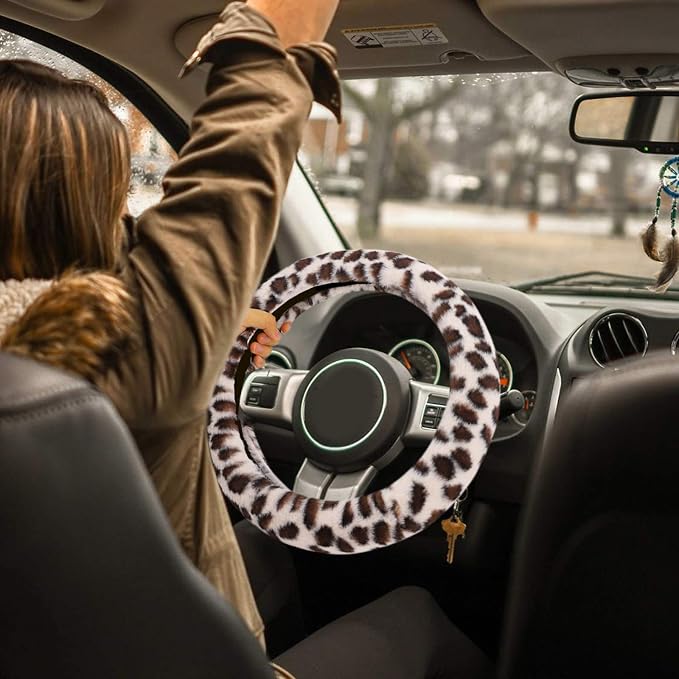 Fuzzy Steering Wheel Cover for Women Girls, Accmor Universal Fit 15 inch Fur Car Wheel Cover & Handbrake Cover & Gear Shift Cover Set, Fashion Leopard Winter Warm Fluffy Vehicle Wheel Protector - Image 6
