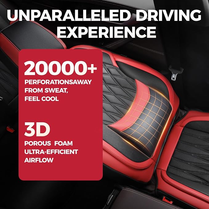 FREESOO Car Seat Covers Full Set Faux Leather Universal Fit Black Red | faux nappa leather seat covers, waterproof breathable, full set lumbar support, front rear covers, fit sedans suvs pickups - Image 3