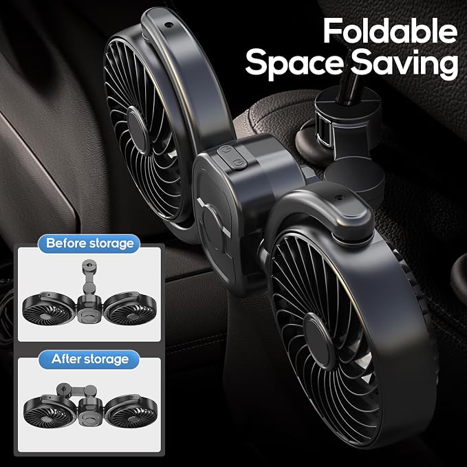 Dealswin Rechargeable Car Fan for Backseat Kids Baby, Battery and USB Dual Power Car Fans, Powerful 3 Speeds 360° Rotatable Dual Head Cooling Car Seat Fan for Sedan SUV RV Truck Vehicle - Image 3