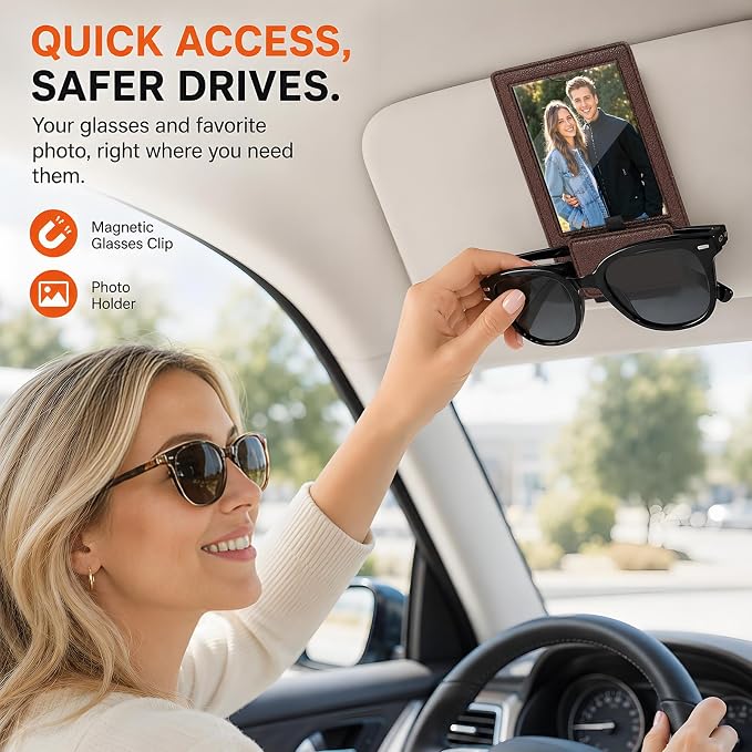 2-in-1 Car Visor Sunglasses & Photo Holder, Magnetic PU Leather Glasses Clip with Picture Display Slot, Universal Sun Visor Organizer for Eyeglasses, Personalized Cards & Memories, Dark Brown - Image 2