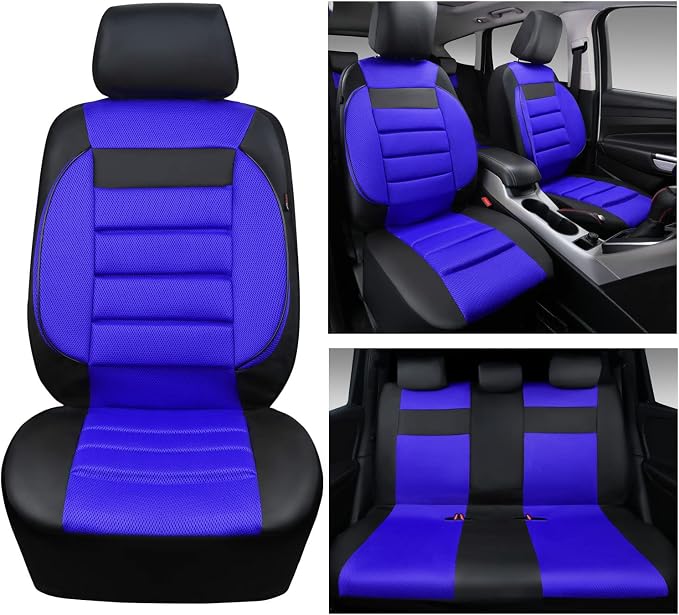 CAR PASS Leather 3D Foam Back Support Car Seat Covers Full Set Air Mesh Automotive Seat Covers, All Season Car Seat Cover Fit Automotive,SUV,Sedan,Van, Airbag Compatible Elegance(Black and Blue Royal) - Image 2