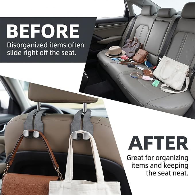 Car Seat Headrest Storage Hooks - 2 Pack Dual Hangers Design Organization Accessories, Car Interior Gadgets to Add Extra Holder and Hook for Purses,Bags,Coat and Handbag - Image 6