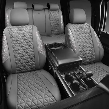 CAR PASS Bling Diamond Gray Leather Car Seat Covers Full Sets Interior Sets, Waterproof Shining Glitter Sparkly Crystal Universal Armrest Fit for Automotive Truck SUV Cute Women Girl, Gray Rhinestone - Image 2